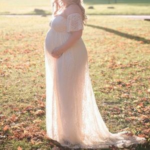 Maternity Off Shoulder Lace Maxi Dress in Beige
